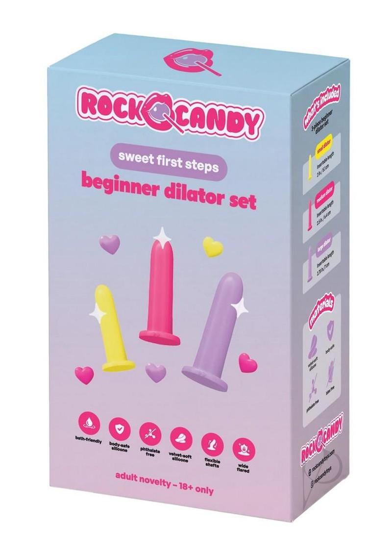 Rock Candy Beginner 3 Piece Silicone Dilator Set Multicolor packaging with three colorful dilators.