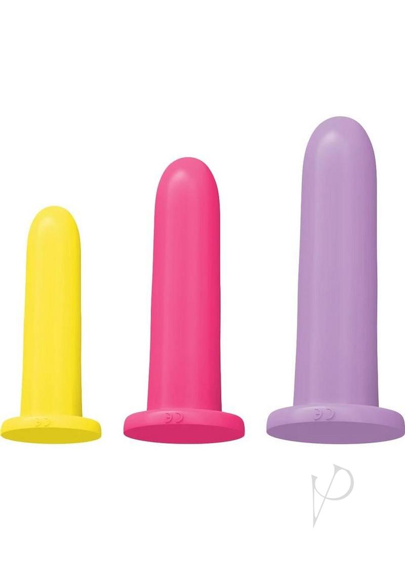 Rock Candy Beginner 3 Piece Silicone Dilator Set Multicolor featuring yellow, pink, and purple graduated dilators.