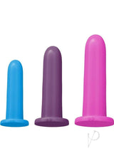 Rock Candy Advanced Silicone Dilator Set 3 Piece Multicolor in blue, purple, and pink for user-friendly progression.