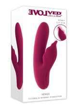 Evolved Venus Silicone Rabbit Vibrator Burgundy packaging showcasing its innovative design for clitoral and internal stimulation.