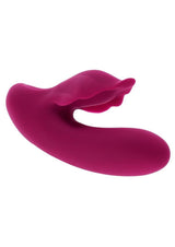 Evolved Venus Silicone Rabbit Vibrator Burgundy featuring a curved shaft and seashell-shaped stimulator in a rich garnet color.