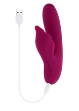 Evolved Venus Silicone Rabbit Vibrator Burgundy with USB charging cable in rich garnet burgundy.