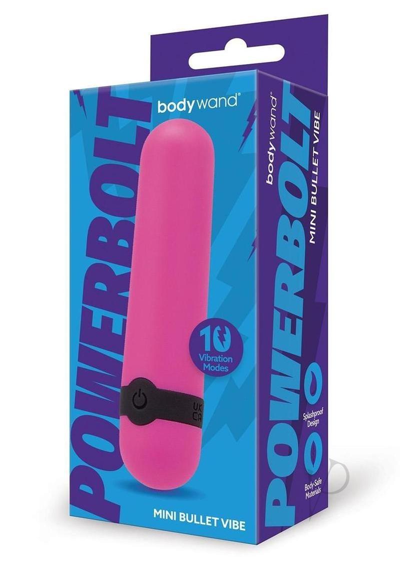 Bodywand Powerbolt Rechargeable Mini Bullet Pink packaging showing mini bullet vibe and features like 10 vibration modes.