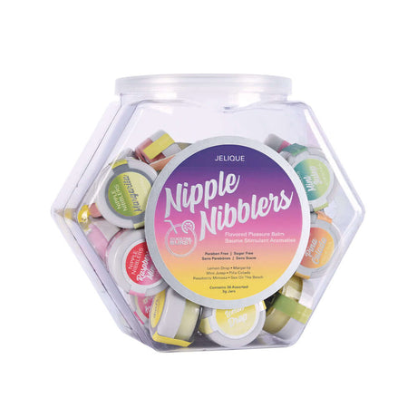 Jelique Cocktail Nipple Nibblers Assorted Flavors 36 Pc in a hexagonal jar with colorful lids and labels.