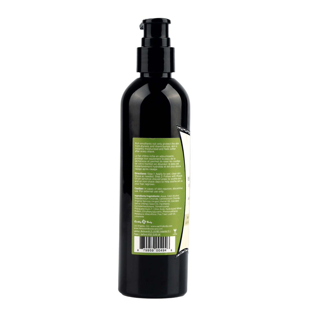 Miracle Oil Tea Tree Shave Cream 8 Oz bottle back view with pump and label details.