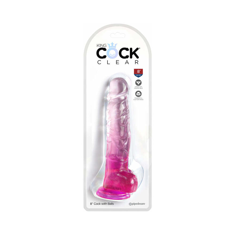 King Cock Clear with Balls 8 inches Pink