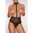 Allure Lingerie Love Bug High Waisted Lace Thong Black featuring scalloped lace and a lace-up detail.
