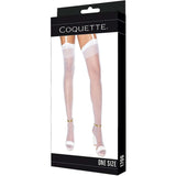Coquette Dolce Vita Stockings White One Size packaging showcasing sheer thigh high stockings for a romantic lingerie look.