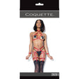 Coquette Harness Top And Crotchless Panty Merlot One Size model showcasing bold lingerie and playful bondage details.