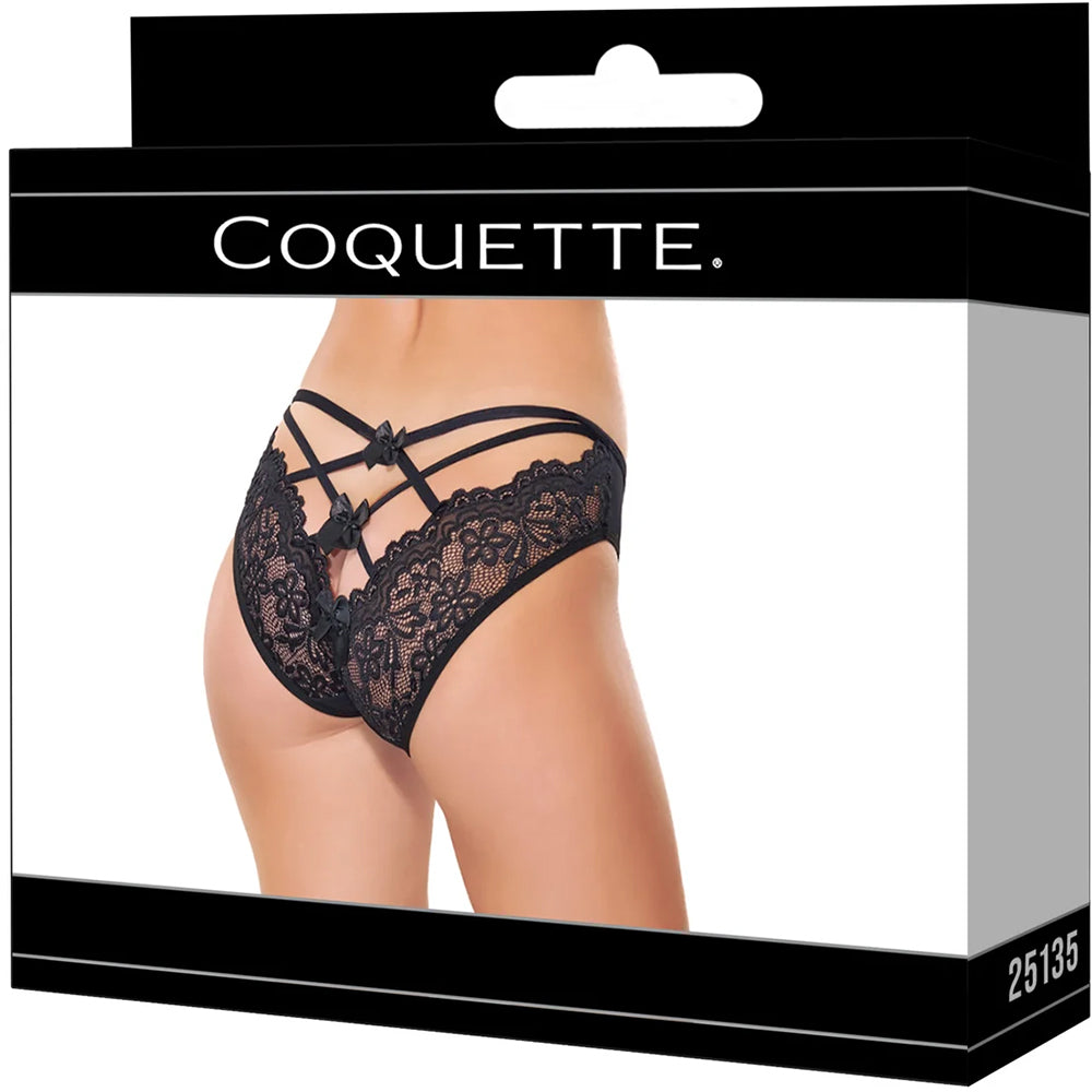 Coquette Open Back Bow Panty Black Large displayed on a package, showcasing its lace and strappy design for a flirty look.