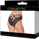 Coquette Open Back Bow Panty Black Large displayed on a package, showcasing its lace and strappy design for a flirty look.