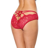 Coquette Open Back Bow Panty Red Medium featuring intricate lace and playful bow details on the back.
