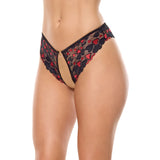 Coquette Heart Lace Crotchless Panty Black One Size featuring heart-print scallop lace and playful open-crotch design.