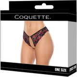 Coquette Heart Lace Crotchless Panty Black One Size with heart-print scallop lace design, front view.