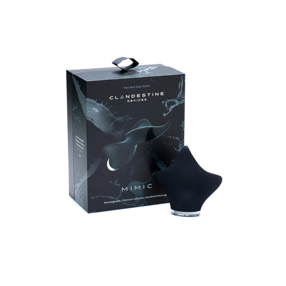 Clandestine Mimic Rechargeable Vibrator Black in packaging, designed for comfort and versatile stimulation.