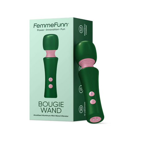 Femmefunn Bougie Wand Mini Massager Green, a stylish aluminum mini wand vibrator with powerful features.