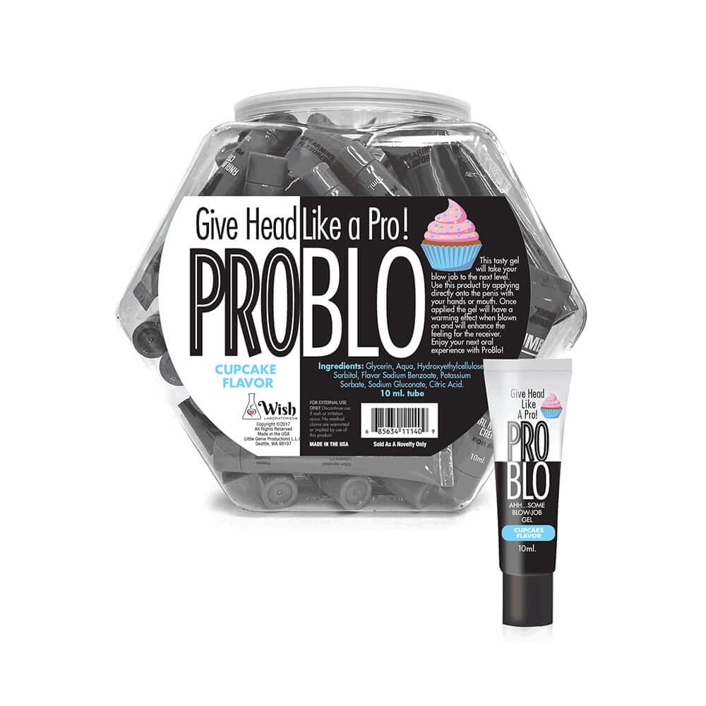 Pro Blo Cupcake Oral Pleasure Gel 65-Piece Fishbowl Display featuring individual gel tubes and branding.