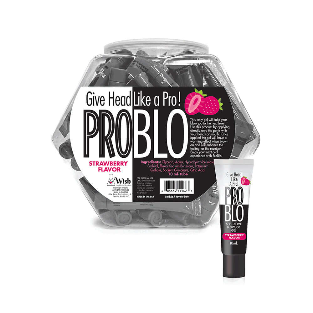 Pro Blo Strawberry Oral Pleasure Gel 65-Piece Fishbowl Display with assorted 10 ml tubes and strawberry flavor.