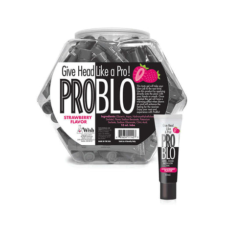 Pro Blo Strawberry Oral Pleasure Gel 65-Piece Fishbowl Display with assorted 10 ml tubes and strawberry flavor.