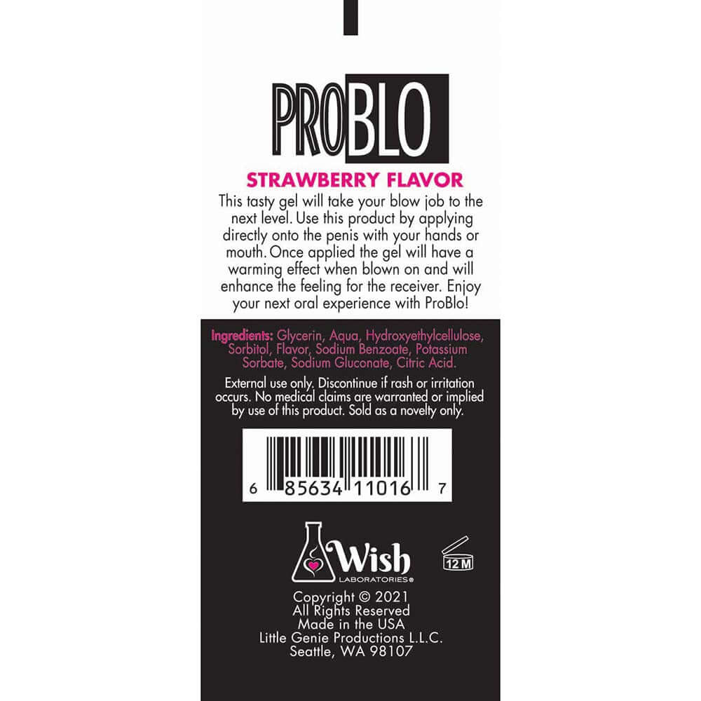 Pro Blo Strawberry Oral Pleasure Gel 65-Piece Fishbowl Display packaging showing ingredients and usage instructions.