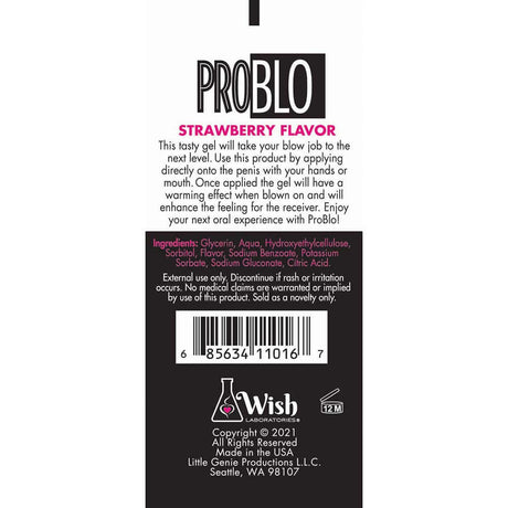 Pro Blo Strawberry Oral Pleasure Gel 65-Piece Fishbowl Display packaging showing ingredients and usage instructions.