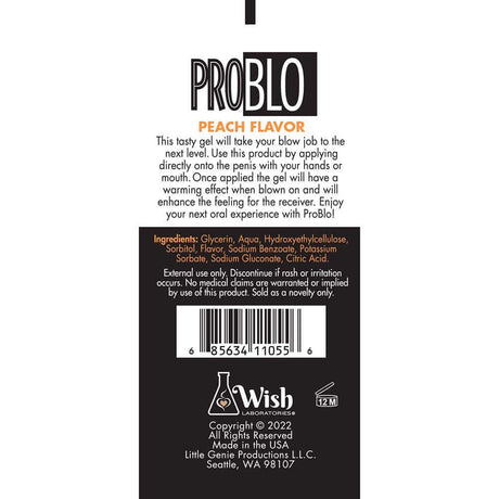 Pro Blo Peach Oral Pleasure Gel 65-Piece Fishbowl Display packaging showing ingredients and instructions.