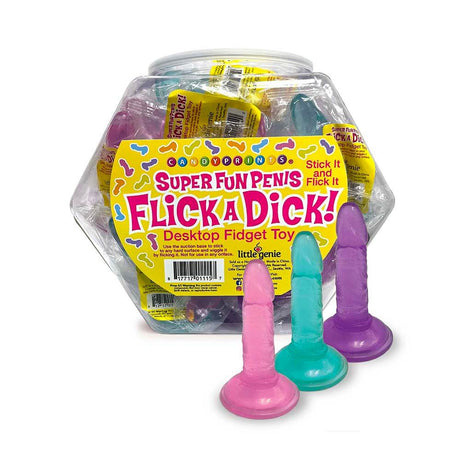 Flick A Dick 24-Piece Fishbowl filled with soft mini penis flickers in various colors for fun and stress relief.