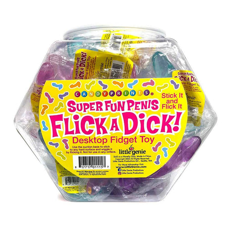 Flick A Dick 24-Piece Fishbowl filled with colorful soft mini penis flickers for fun and stress relief.