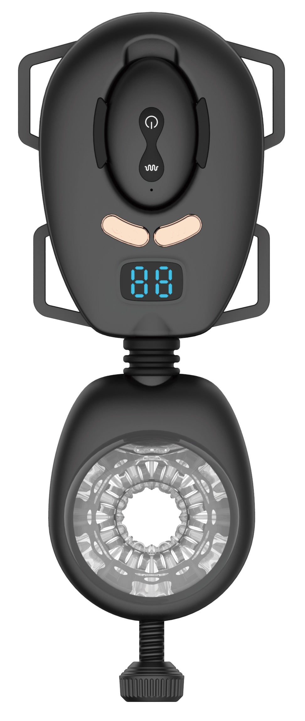 Cyber Stroker Advanced Tech Masturbator featuring digital controls and transparent sleeve for enhanced pleasure.