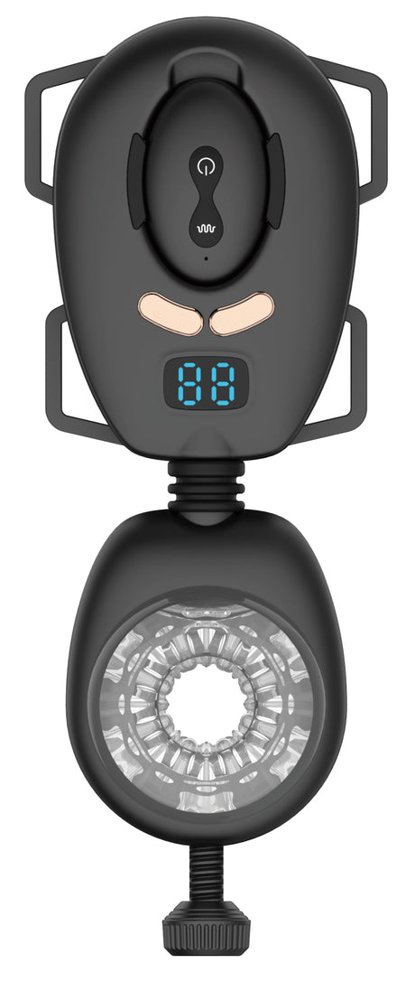 Cyber Stroker Advanced Tech Masturbator featuring digital controls and transparent sleeve for enhanced pleasure.