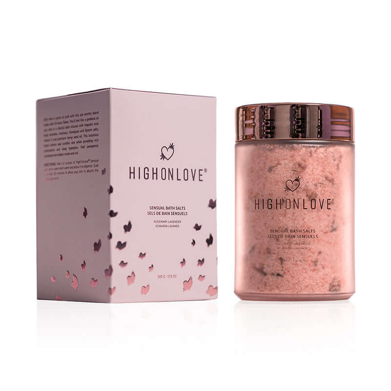 HighOnLove Sensual Bath Salts jar and packaging, designed for a relaxing and luxurious bath experience.