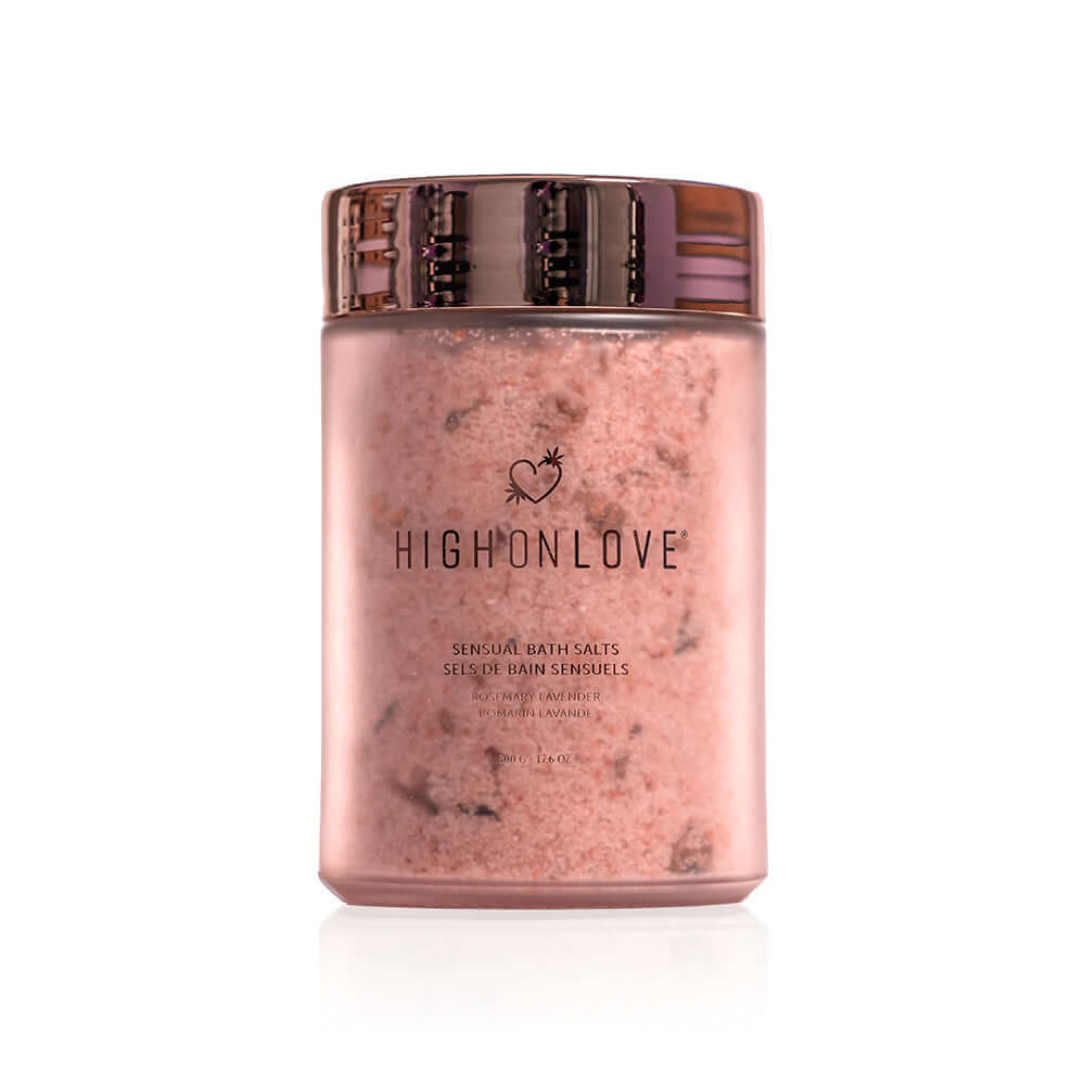 HighOnLove Sensual Bath Salts in a pink jar for a luxurious spa-like bath experience.