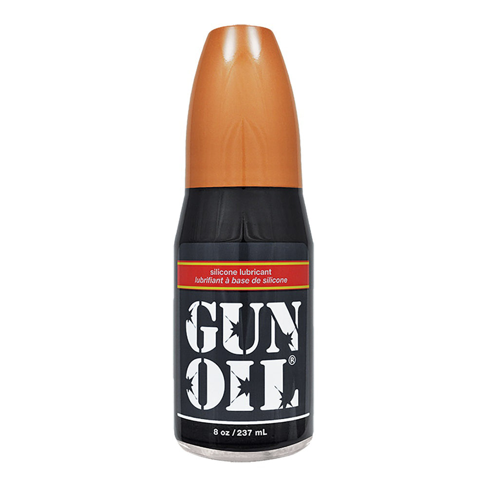 Gun Oil Silicone Lubricant 8 Oz bottle, premium silicone-based personal lubricant for exceptional glide and comfort.