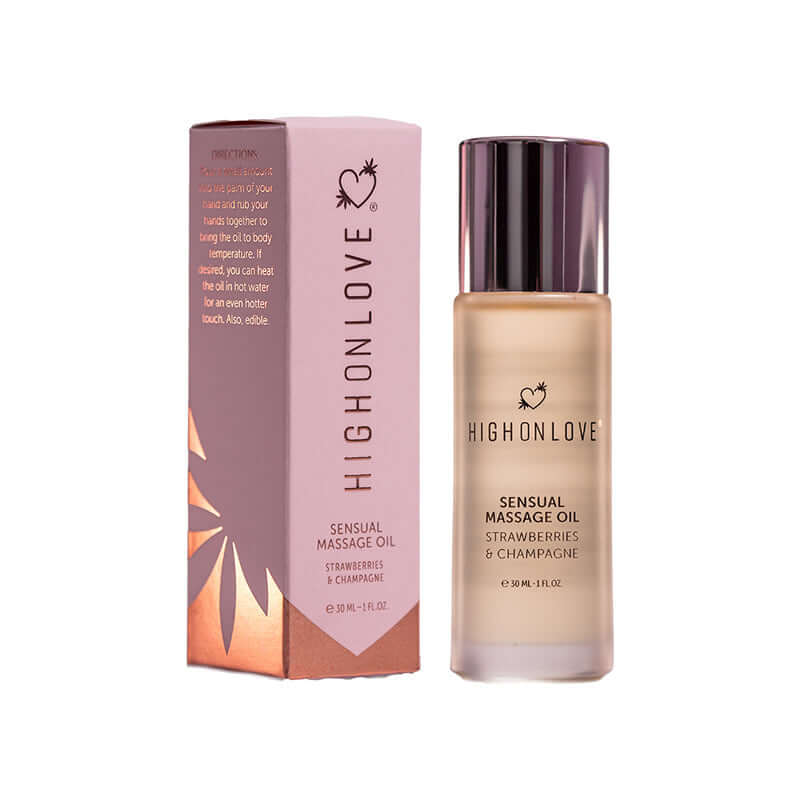 HighOnLove Mini Massage Oil Strawberries & Champagne 1 Oz bottle with packaging, perfect for a luxurious massage experience.