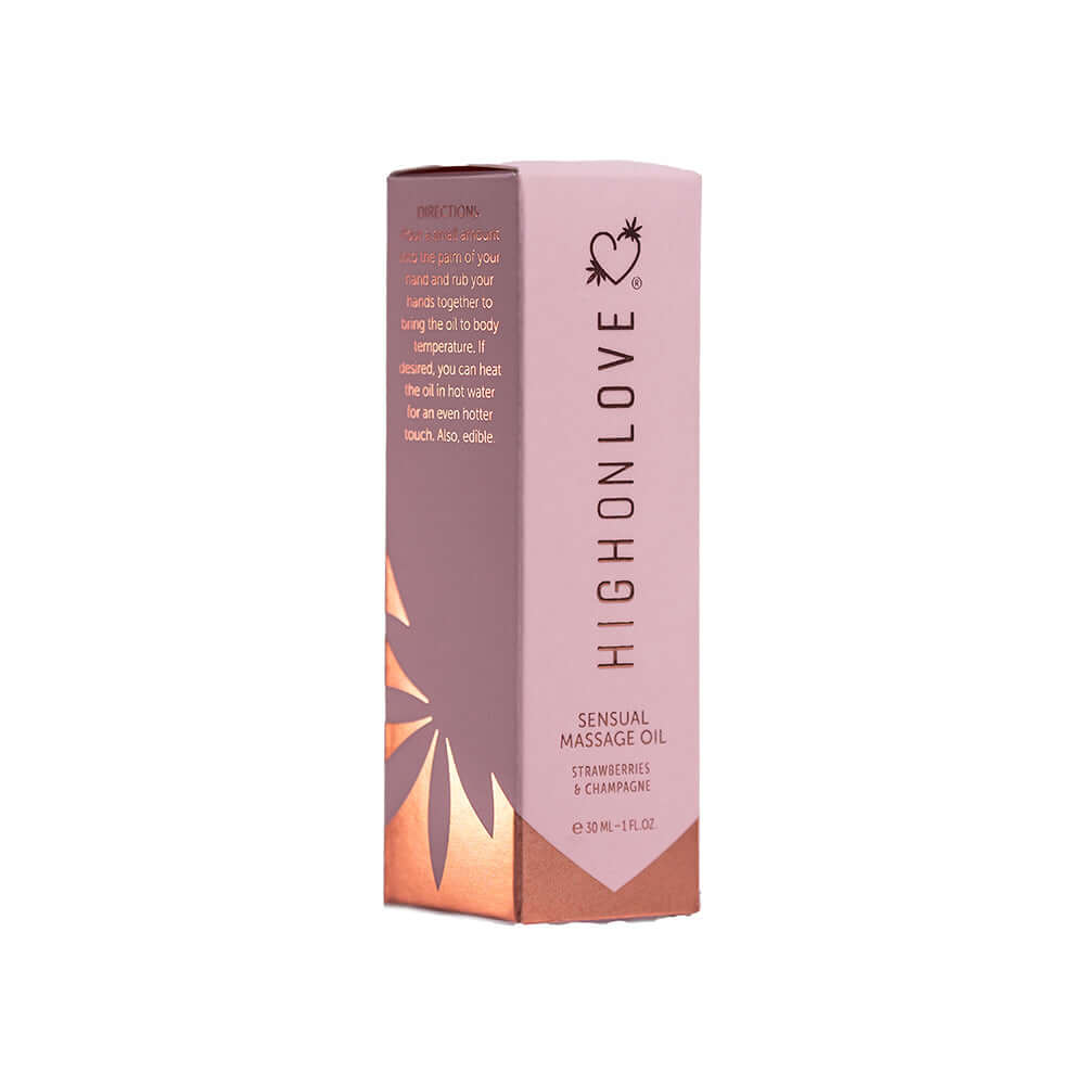 HighOnLove Mini Massage Oil Strawberries & Champagne 1 Oz packaging showcasing the luxurious sensual massage oil.