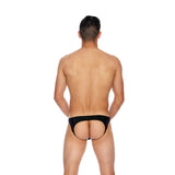 Popsi Men's Microfiber Open Back Underwear Black L XL on a model showcasing the back view, emphasizing its daring design.