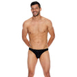 Popsi Men's Microfiber Open Back Underwear Black L XL modeled by a confident man showcasing its sleek, sexy design.