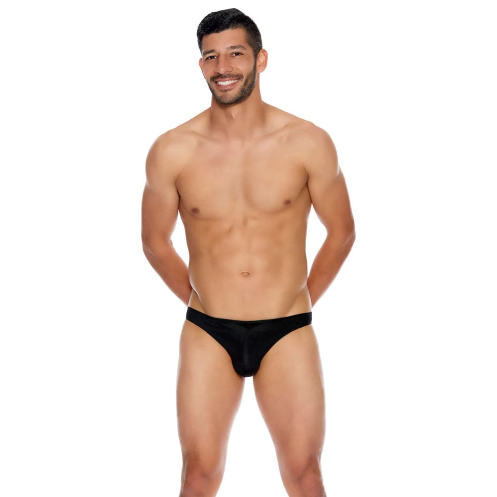 Popsi Men's Microfiber Open Back Underwear Black L XL modeled by a confident man showcasing its sleek, sexy design.