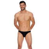 Popsi Men's Microfiber Open Back Underwear Black L XL modeled by a confident man showcasing its sleek, sexy design.