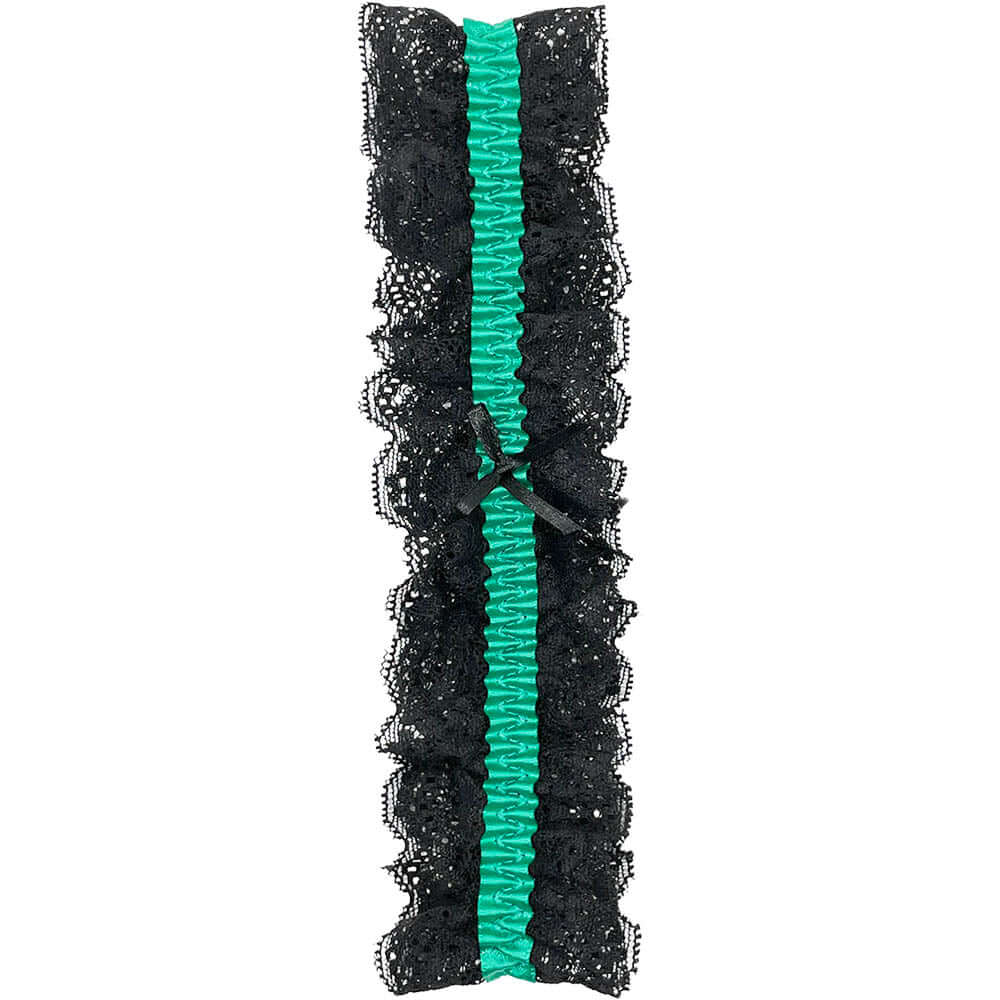 Popsi Lingerie Lace Garter Black Green OS featuring intricate lace and a vibrant green elastic band.