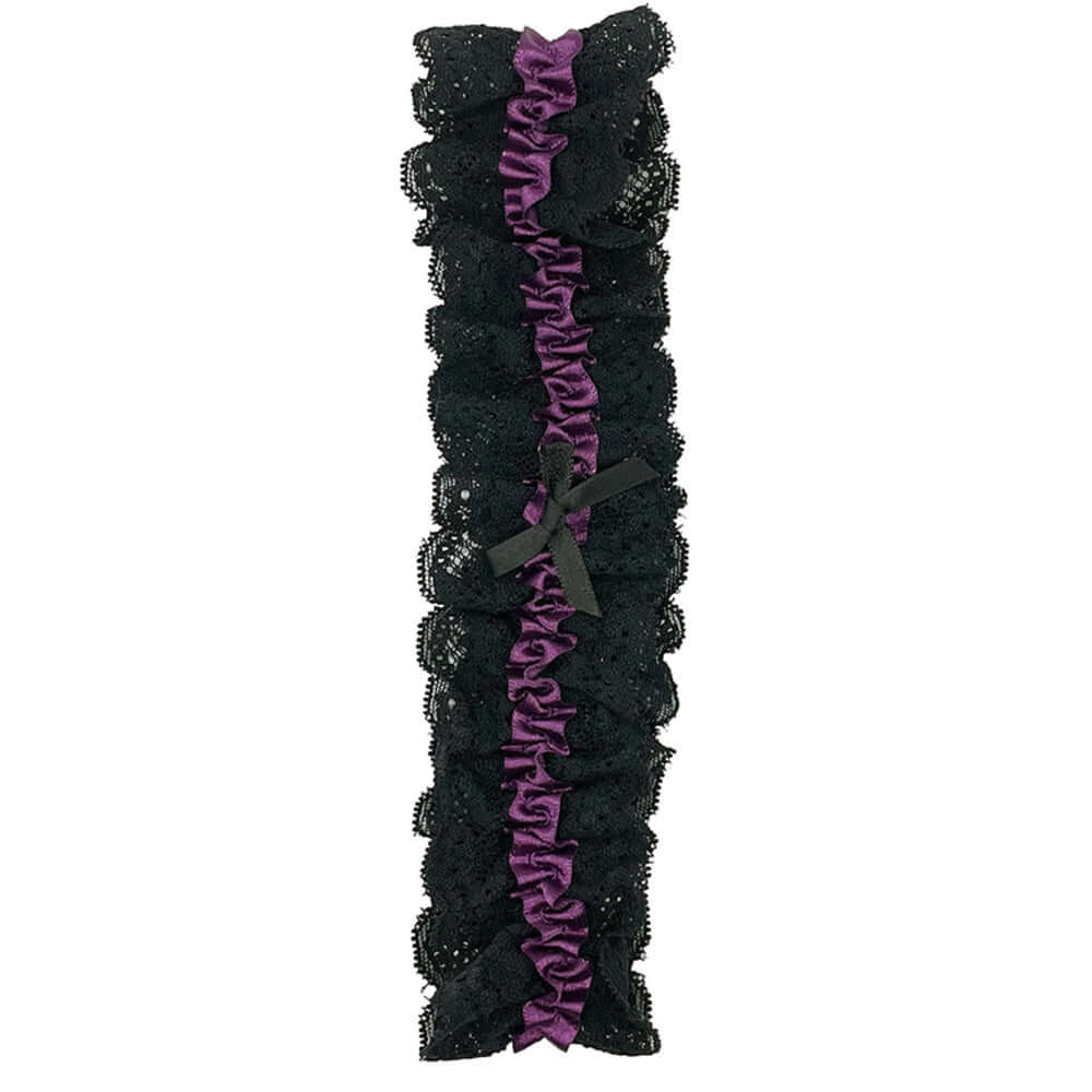 Popsi Lingerie Lace Garter Black Purple OS featuring delicate lace and stylish ruffles, perfect for adding allure.