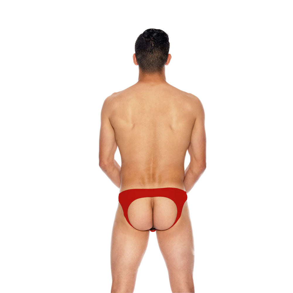 Popsi Men's Microfiber Open Back Underwear Red L XL worn by a man, showcasing the open back design.