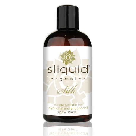 Sliquid Organics Silk Hybrid Lubricant 8.5 oz bottle with a creamy texture and organic extracts for sensitive skin.