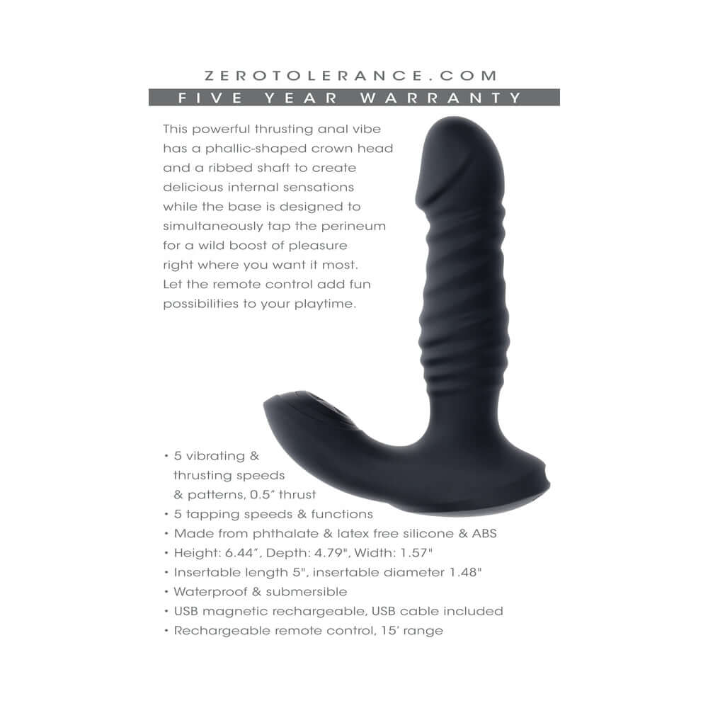 Zero Tolerance Striker Rechargeable Thrusting Anal Vibe with Remote Silicone Black