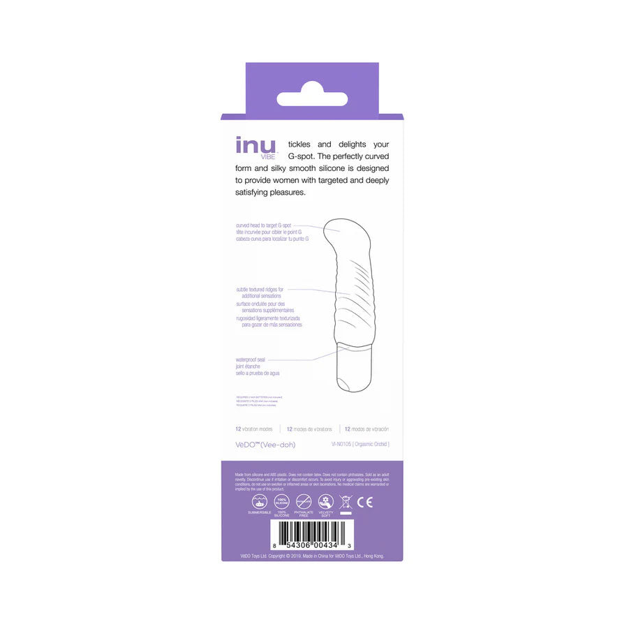 Vedo Inu Mini G-Spot Vibrator Orgasmic Orchid packaging description and features with design details and instructions.