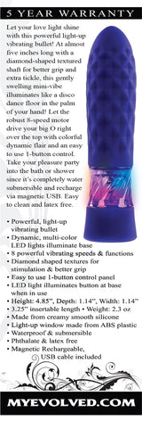 Evolved Raver Light-Up Vibrating Bullet Purple with diamond-shaped texture and multi-color LED lights, perfect for playful pleasure.