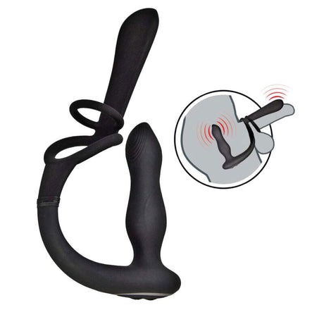 Enhancer Vibro Plug & Penis Sheath Black showcasing dual-action design with vibrating anal plug and penis sheath.