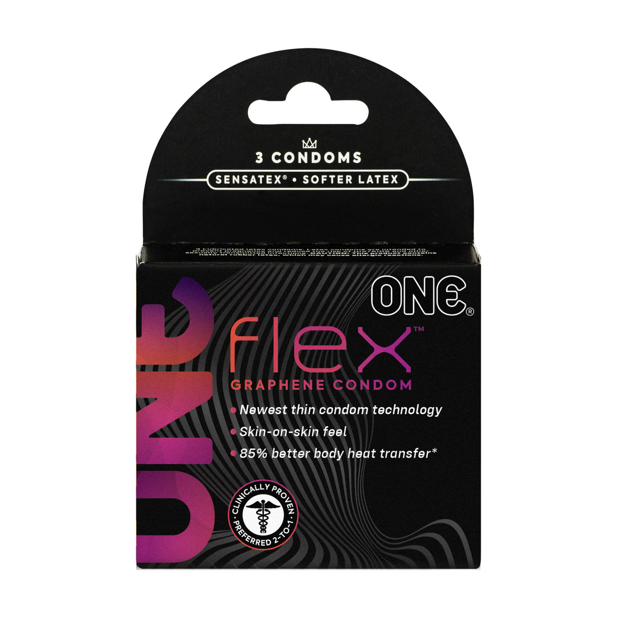 One Flex Graphene Condoms 3 Pack - packaging showcasing innovative design and features, including heat transfer benefits.