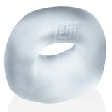 Oxballs Fit Bulge Hung-Style Cockring Clear Steam, featuring a clear, rubbery design with snug padding for comfort.