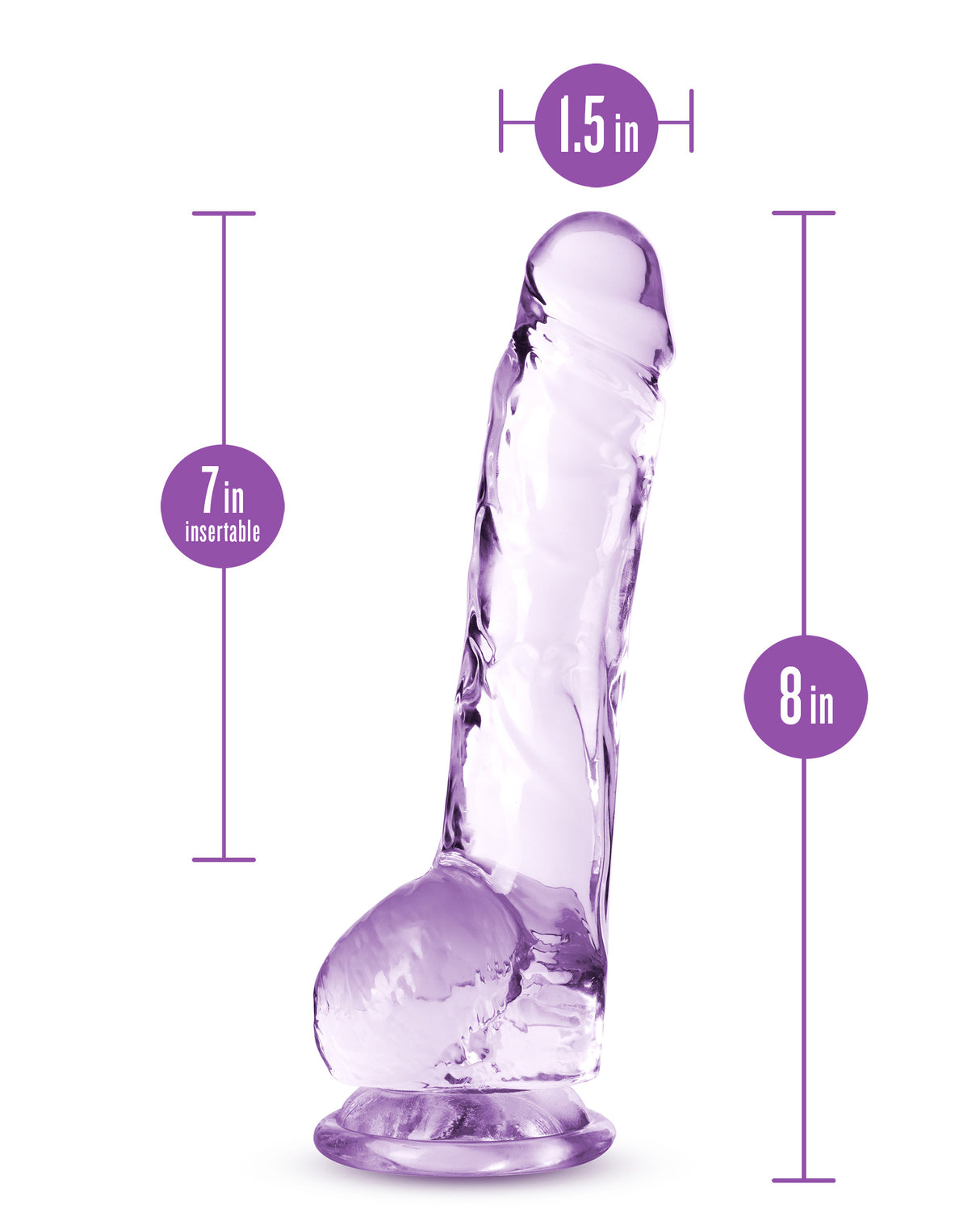 Naturally Yours 8 Inch Crystalline Dildo Amethyst with dimensions 1.5 in width and 8 in length.